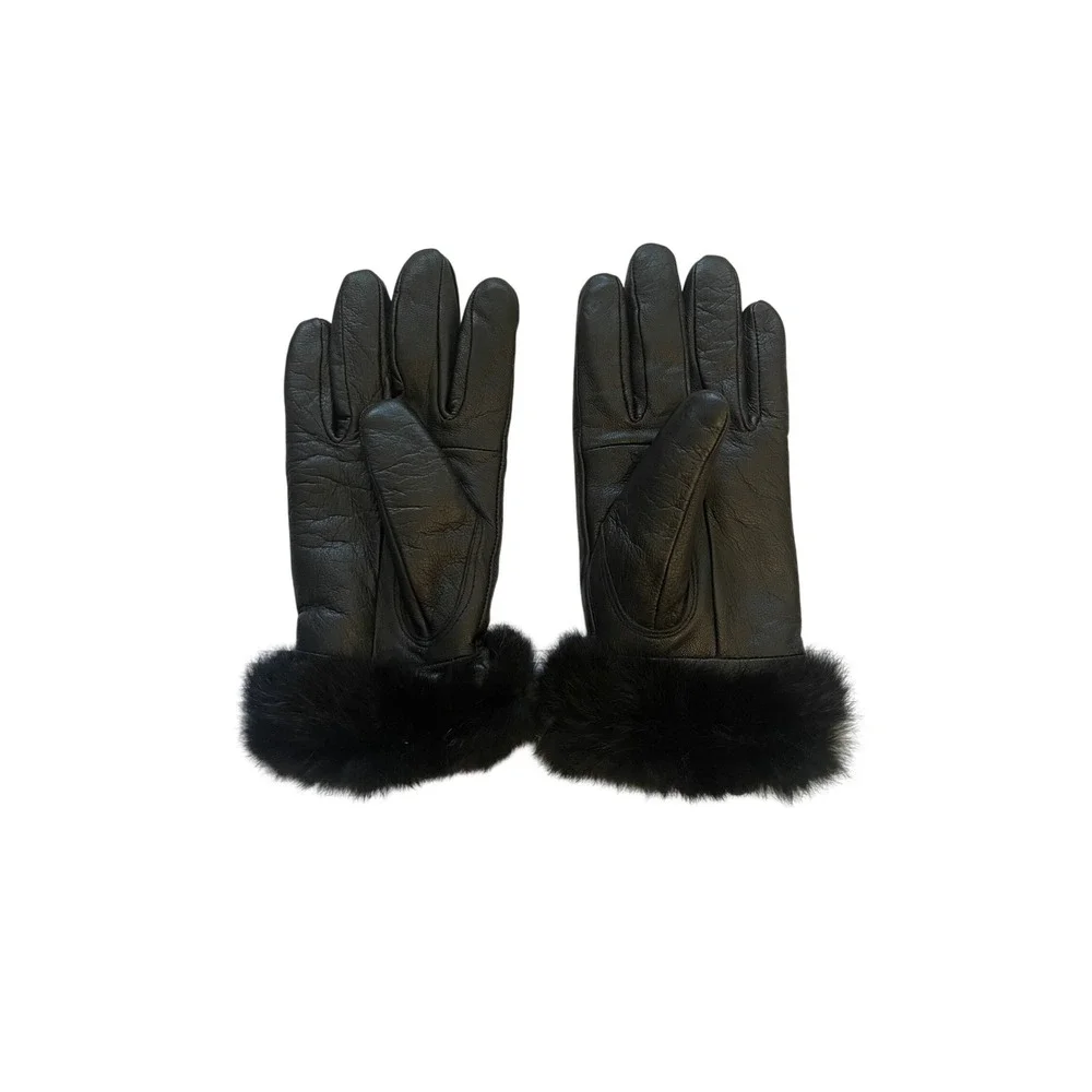 Black Leather Fur Trim Gloves Lined Winter Size S